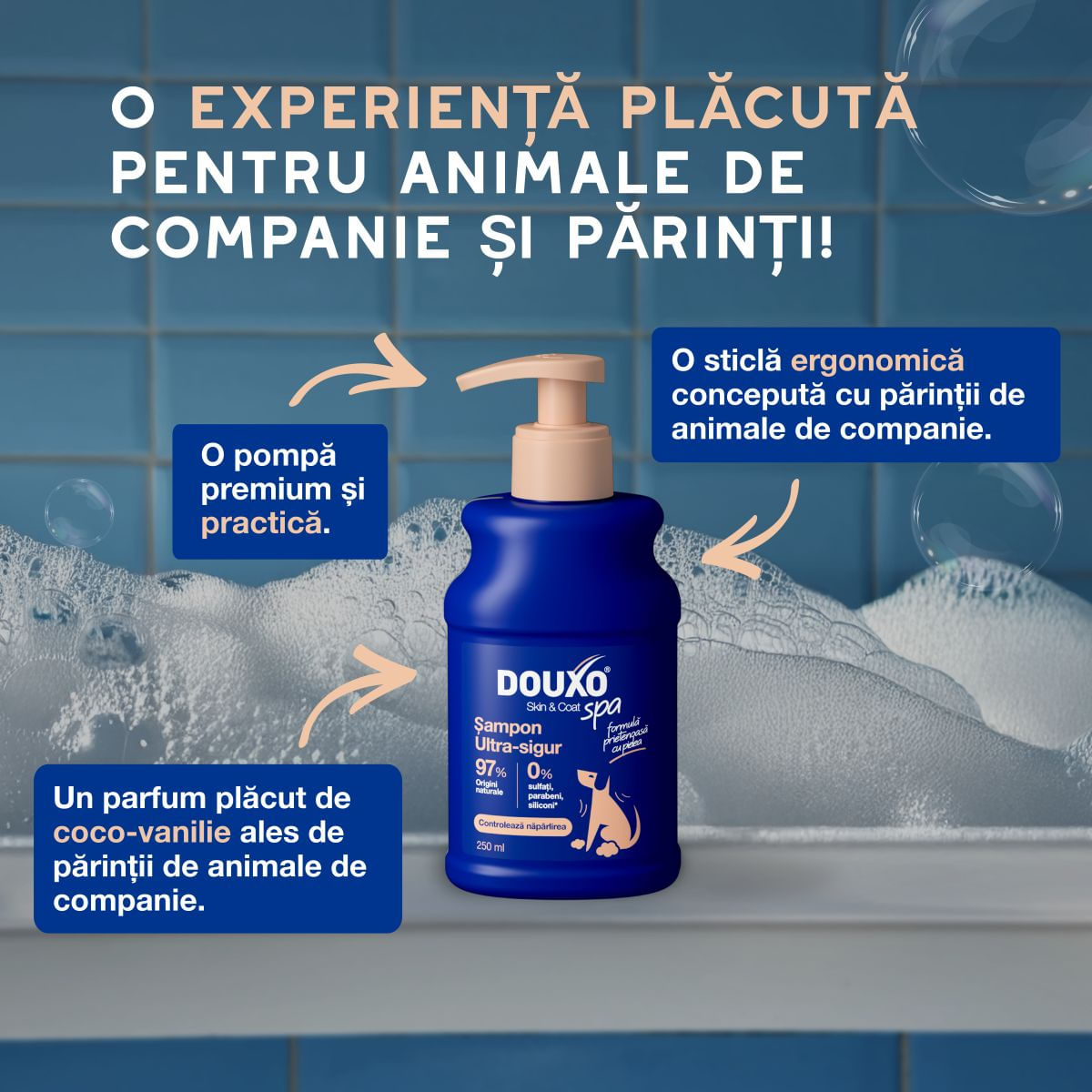DOUXO SPA Shed Control, șampon câini, anti-năpârlire, Vanilie și Nucă de cocos, flacon, 250ml