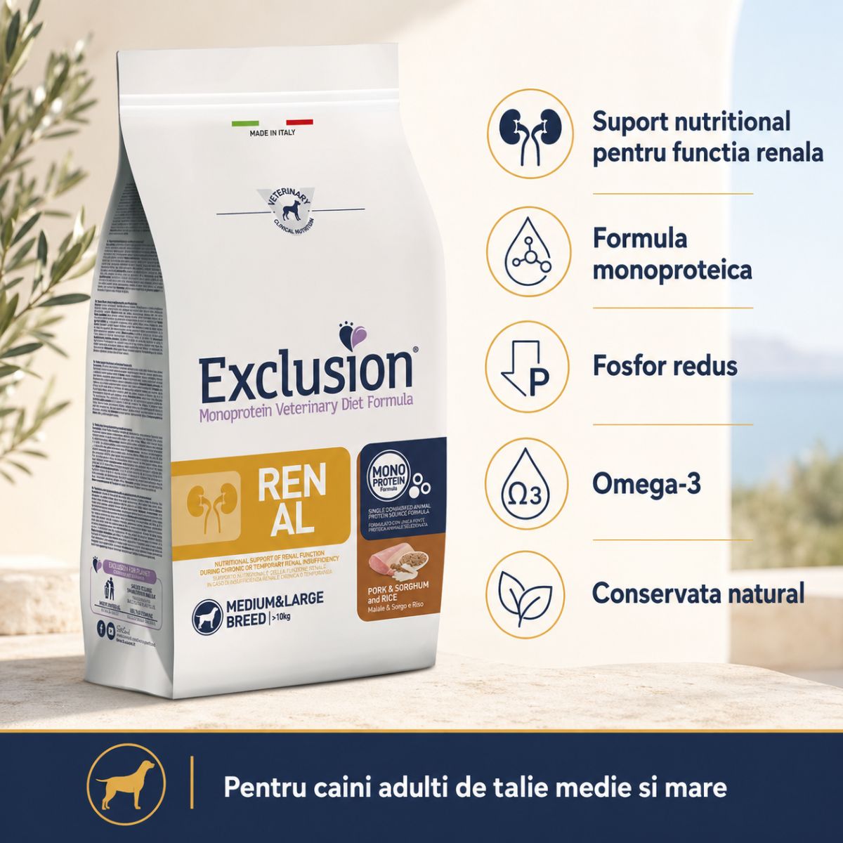 EXCLUSION Monoprotein Veterinary Diet Formula Renal, M-XL, Porc și Sorg, dietă veterinară, hrană uscată monoproteică câini, sistem renal, 12kg - imagine 3