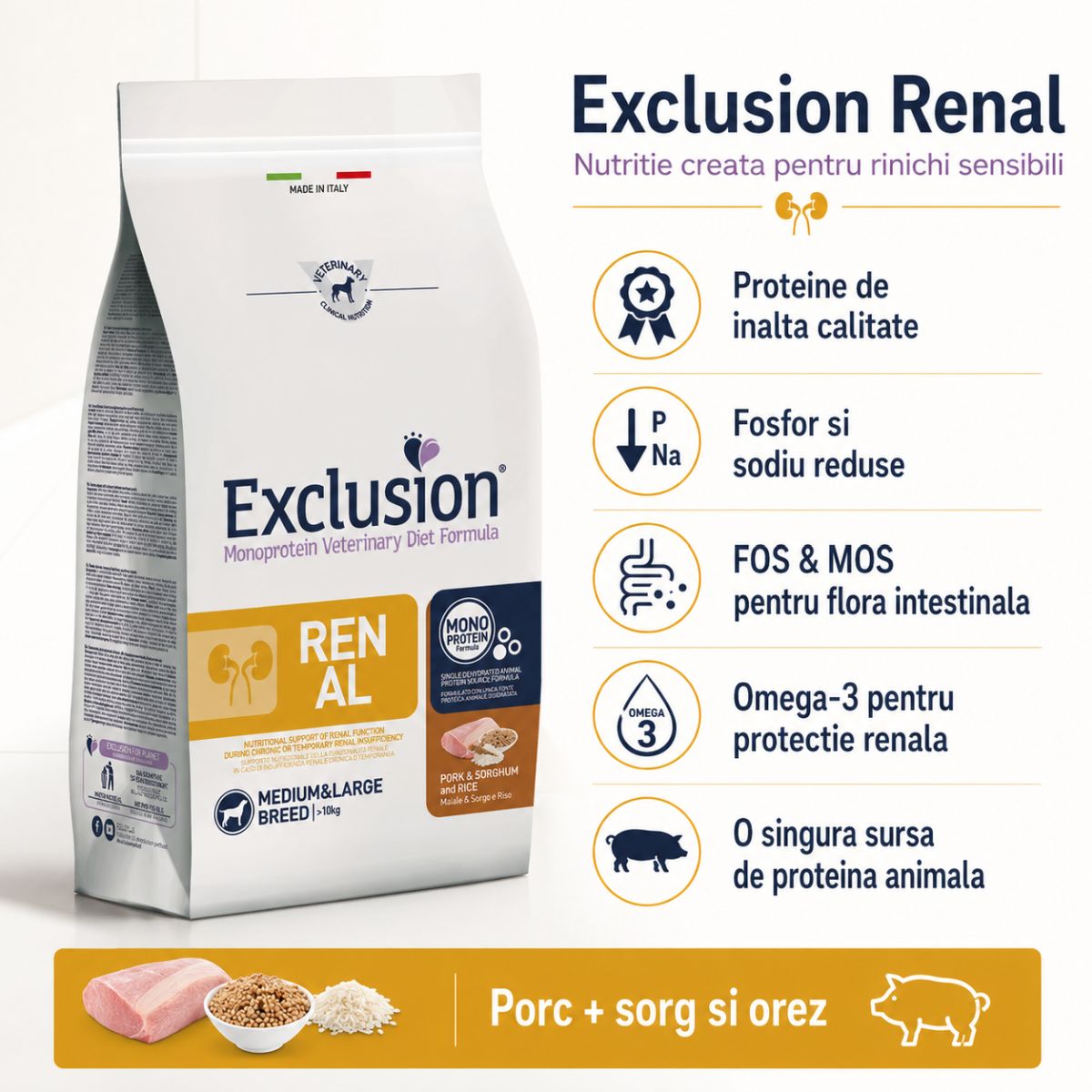 EXCLUSION Monoprotein Veterinary Diet Formula Renal, M-XL, Porc și Sorg, dietă veterinară, hrană uscată monoproteică câini, sistem renal, 12kg - imagine 4