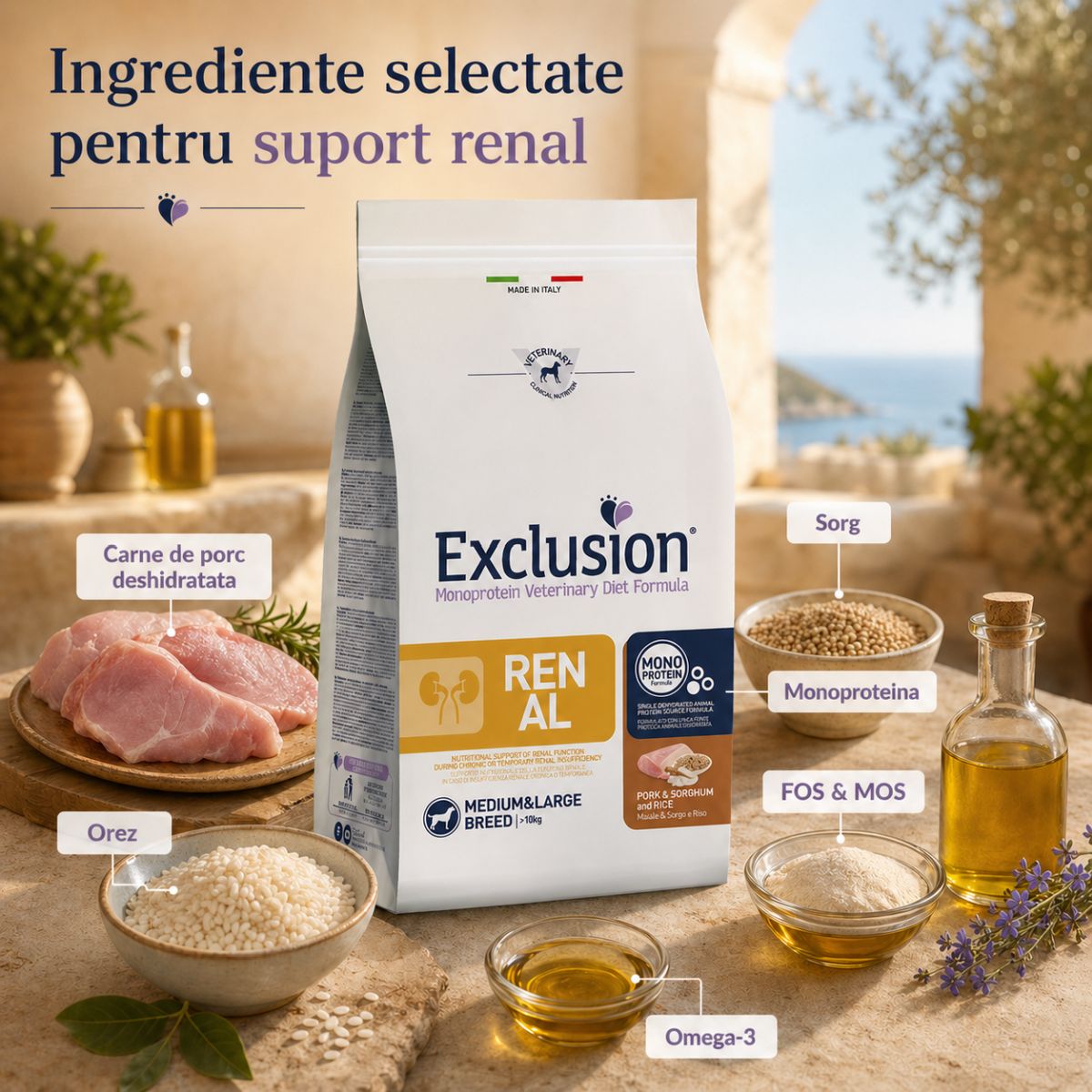 EXCLUSION Monoprotein Veterinary Diet Formula Renal, M-XL, Porc și Sorg, dietă veterinară, hrană uscată monoproteică câini, sistem renal, 12kg - imagine 5