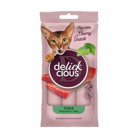 DELICKCIOUS Creamy Snack, Ton și Aloe Vera, plic recompense pisici, 60g