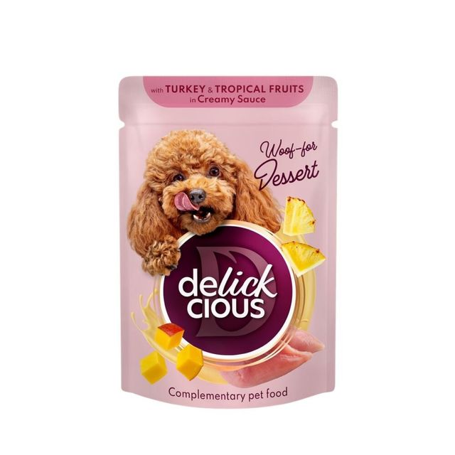 DELICKCIOUS Dessert, XS-S, Curcan și Fructe Tropicale, plic hrană umedă câini, (în sos), 80g