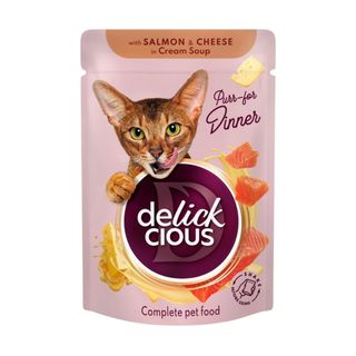 DELICKCIOUS Dinner, Somon și Brânză, plic hrană umedă pisici, (în supă), 85g