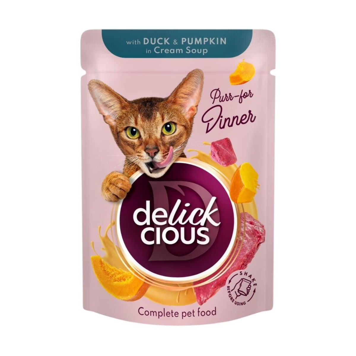 DELICKCIOUS Dinner, Rață și dovleac, plic hrană umedă pisici, (în supă), 85g