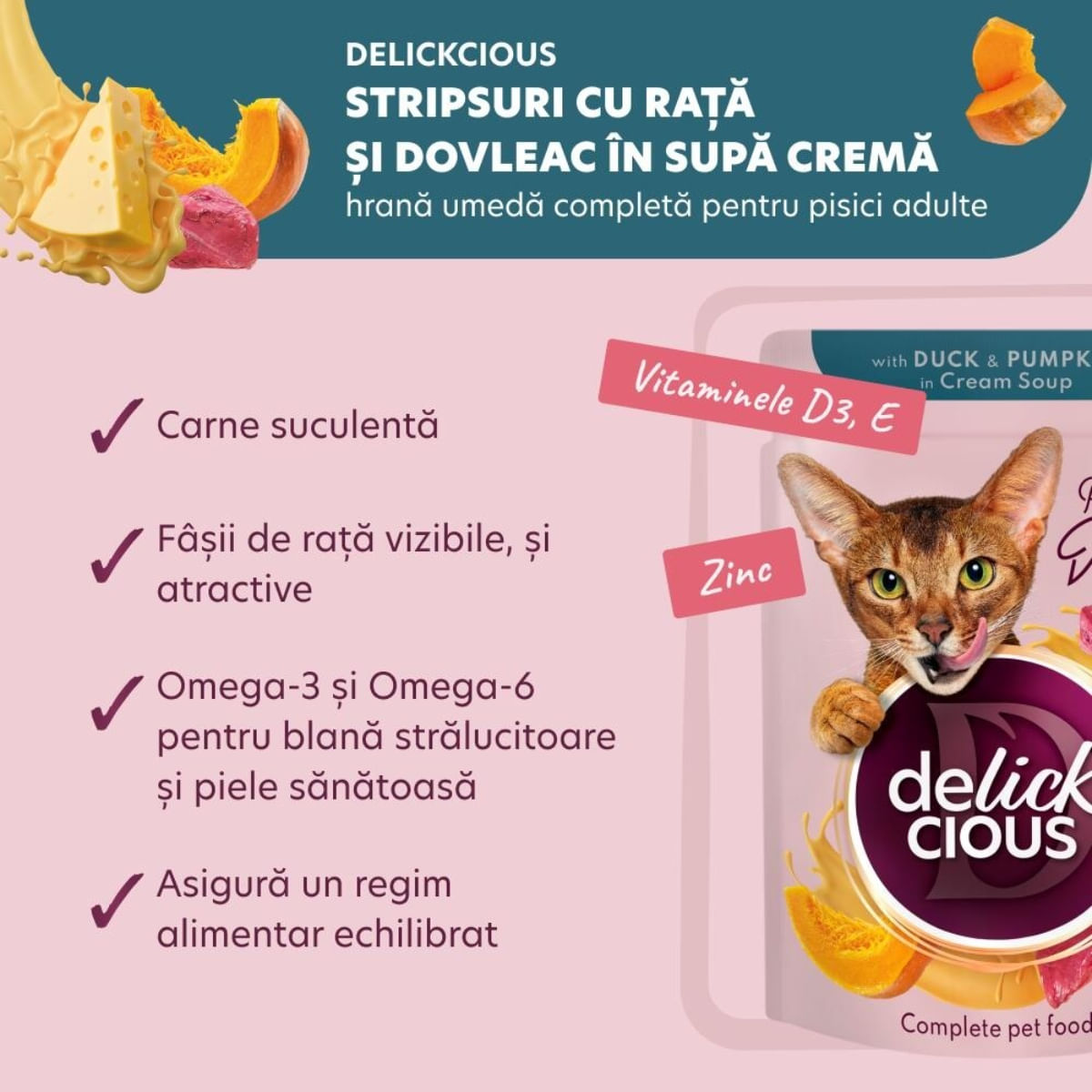 DELICKCIOUS Dinner, Rață și dovleac, plic hrană umedă pisici, (în supă), 85g