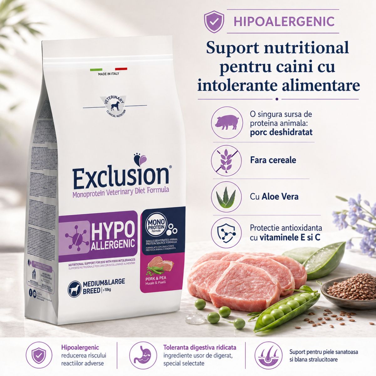 EXCLUSION Monoprotein VD Hypoallergenic Medium&Large, M-XL, Porc și Mazăre, dietă veterinară, hrană uscată fără cereale câini, alergii, 12kg - imagine 3