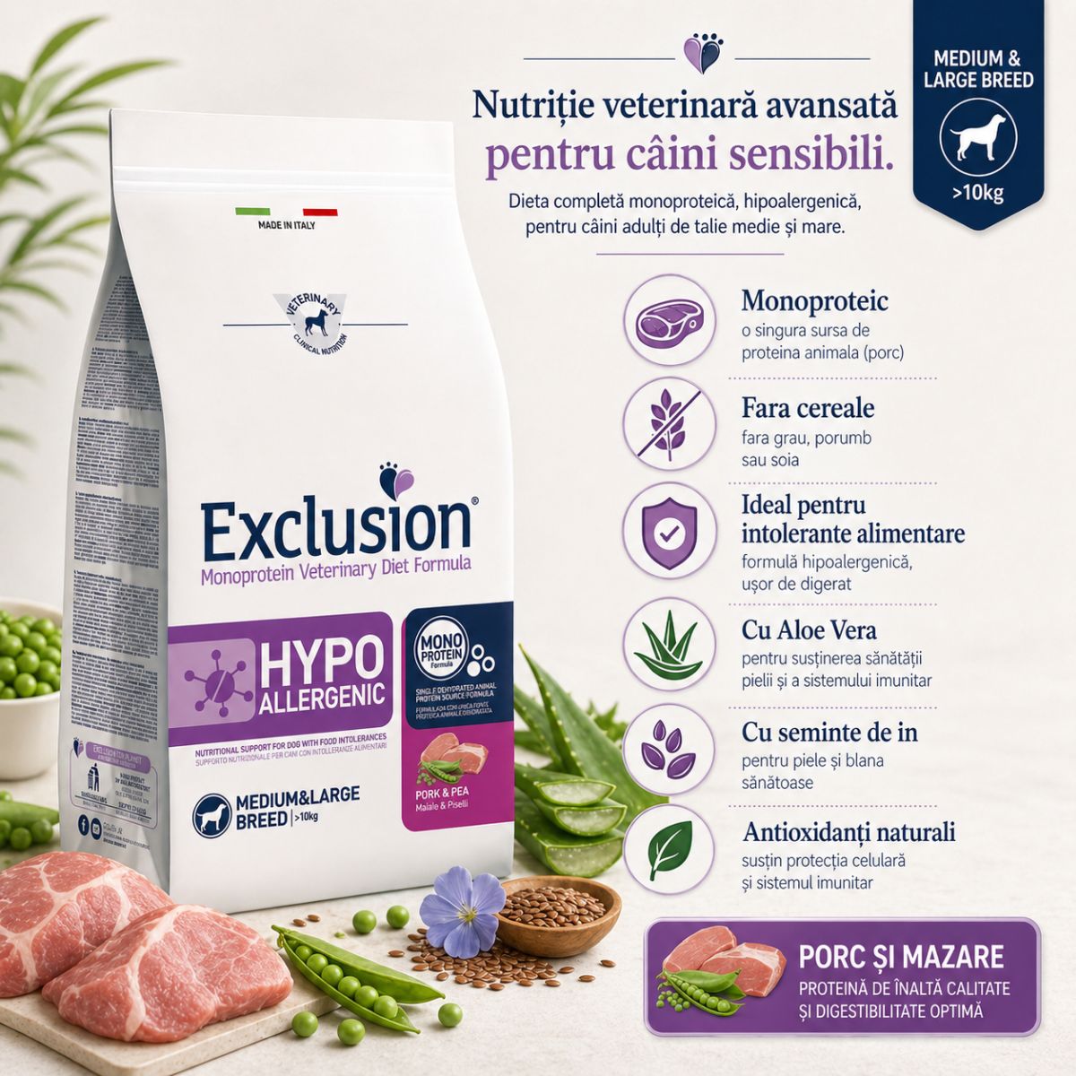 EXCLUSION Monoprotein VD Hypoallergenic Medium&Large, M-XL, Porc și Mazăre, dietă veterinară, hrană uscată fără cereale câini, alergii, 12kg - imagine 4