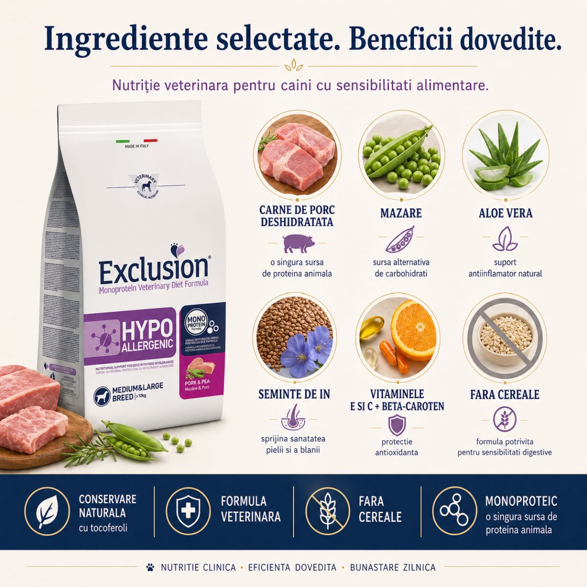 EXCLUSION Monoprotein VD Hypoallergenic Medium&Large, M-XL, Porc și Mazăre, dietă veterinară, hrană uscată fără cereale câini, alergii, 12kg - imagine 5