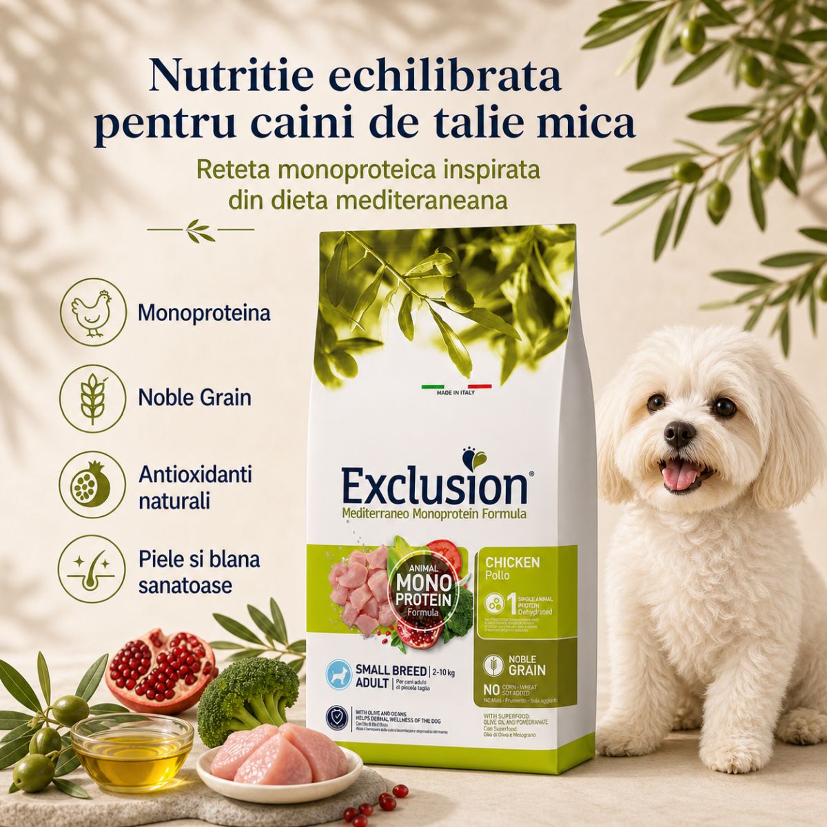 EXCLUSION Mediterraneo Monoprotein Formula Small Breed, XS-S, Pui, hrană uscată monoproteică câini, 2kg - imagine 3