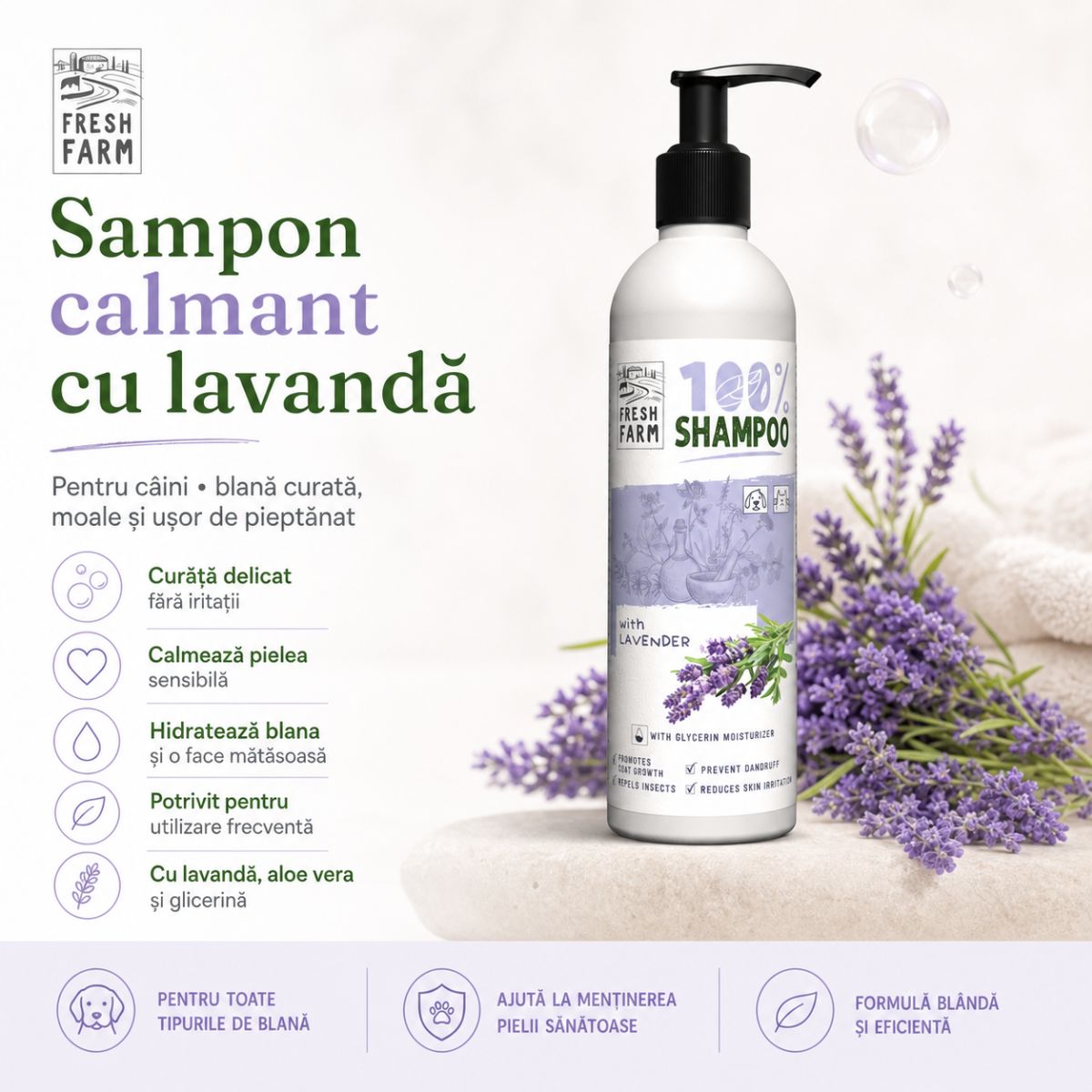 FRESH FARM Lavanda, XS-XL, șampon câini, calmant, flacon, 250ml