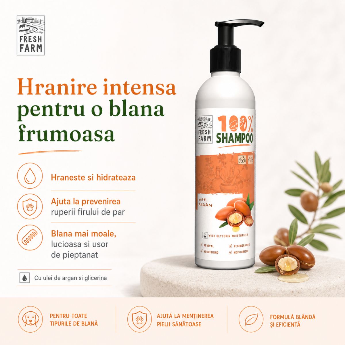 FRESH FARM Argan, XS-XL, șampon câini, flacon, 250ml - imagine 3