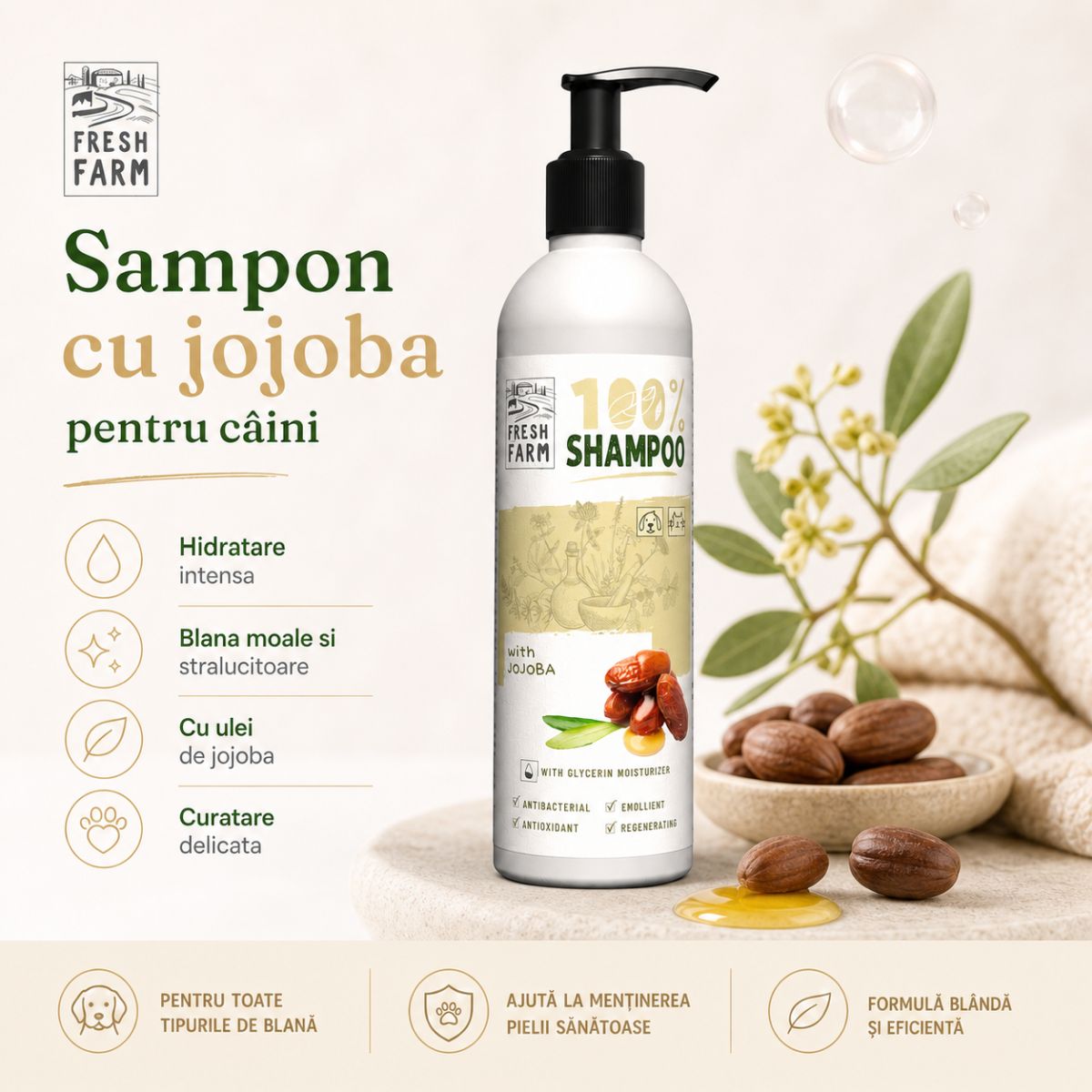 FRESH FARM Jojoba, XS-XL, șampon câini, flacon, 250ml - imagine 3