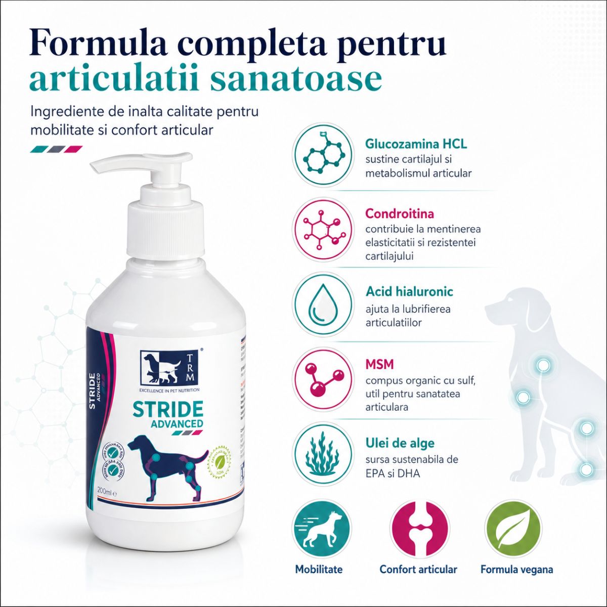 TRM Stride Advanced, supliment sistem articular câini, suspensie orală TRM Stride Advanced, XS-XL, supliment sistem articular câini, flacon, 500ml suspensie orală