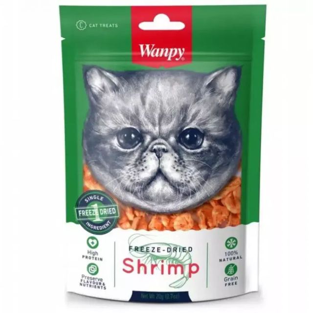 WANPY Freeze Dried, Creveți, punguță recompense monoproteice pisici, 20g