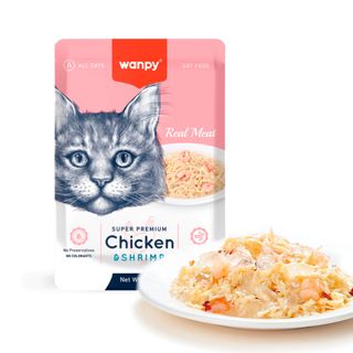 WANPY, Pui și Creveți, punguță hrană umedă pisici, (în aspic), 85g