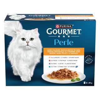 GOURMET Perle Curcan, Rață, Miel, Ton, plic hrană umedă pisici, (în sos), bax, 85g x 12buc