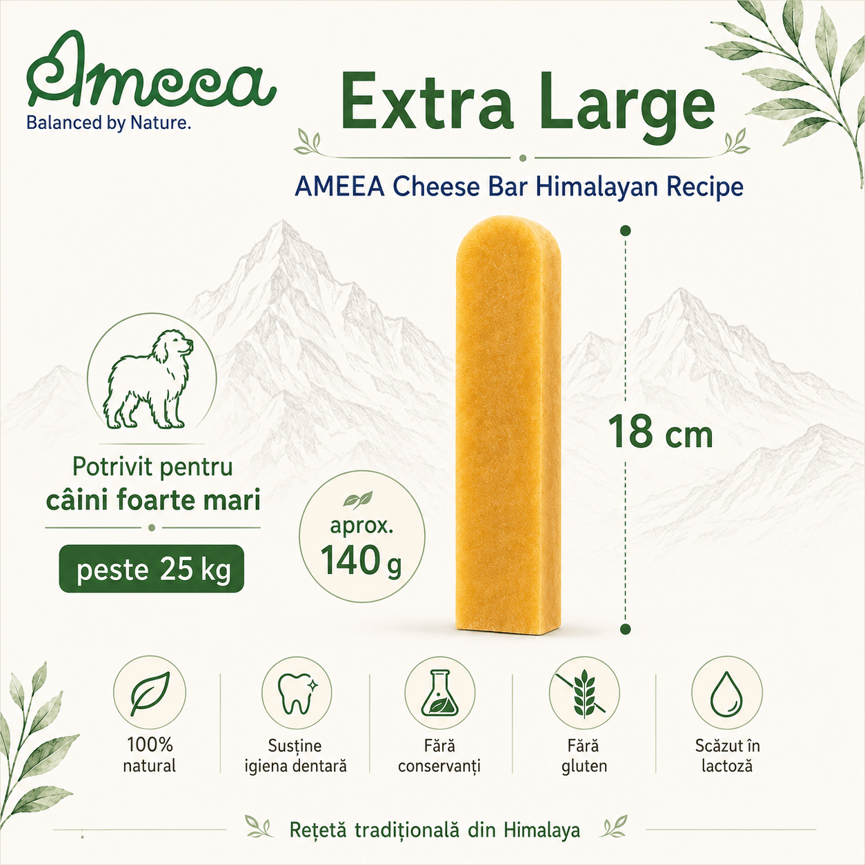 AMEEA Cheese Bar Himalayan Receipe Extra Large, XL, Brânză, recompense fără cereale câini, 140g
