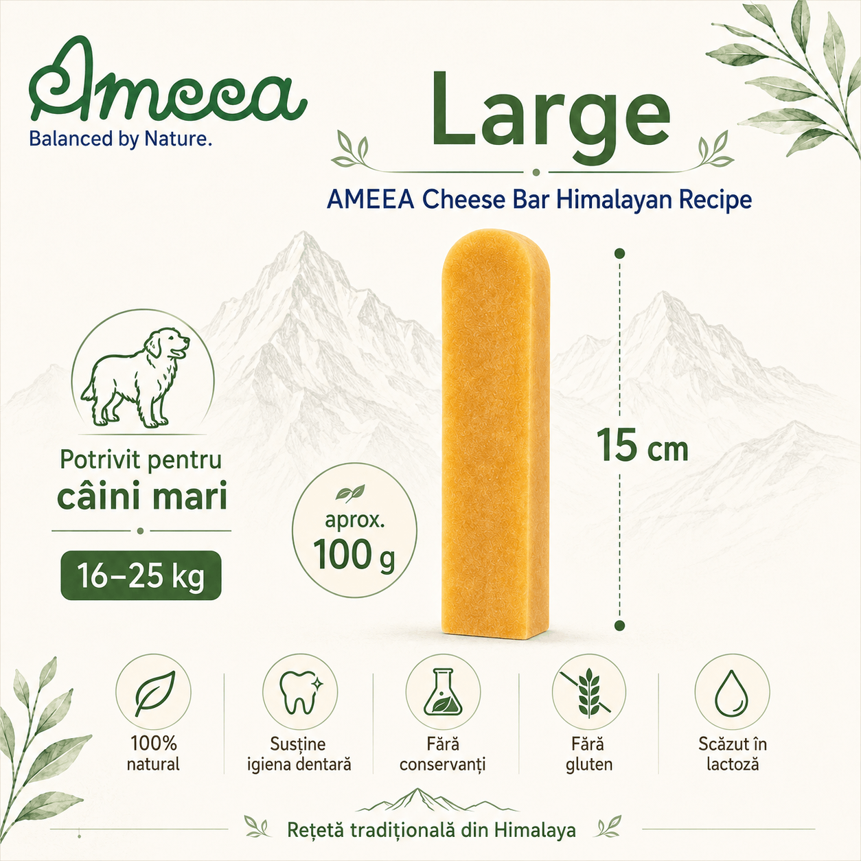 AMEEA Cheese Bar Himalayan Receipe Large, L, Brânză, recompense fără cereale câini, 100g