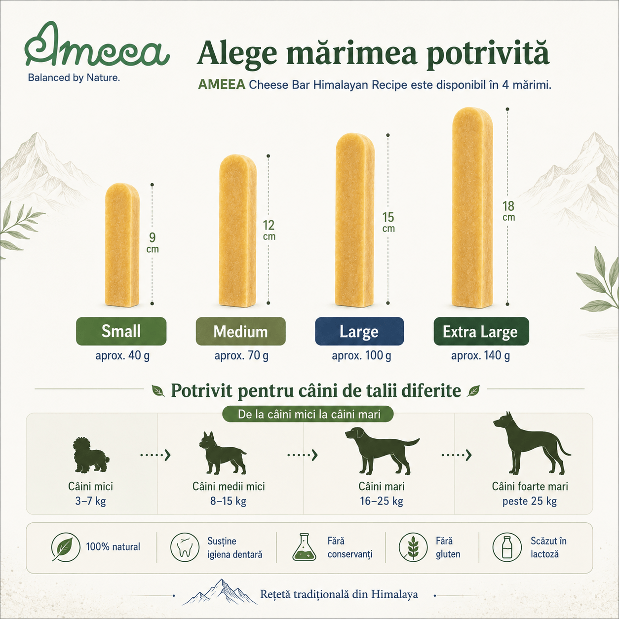 AMEEA Cheese Bar Himalayan Receipe Large, L, Brânză, recompense fără cereale câini, 100g