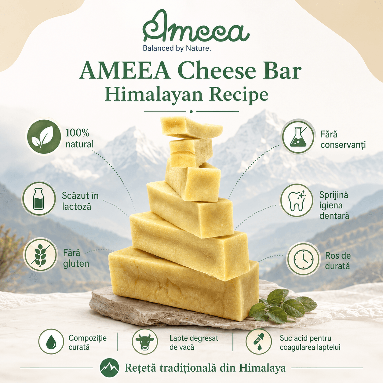 AMEEA Cheese Bar Himalayan Receipe Large, L, Brânză, recompense fără cereale câini, 100g