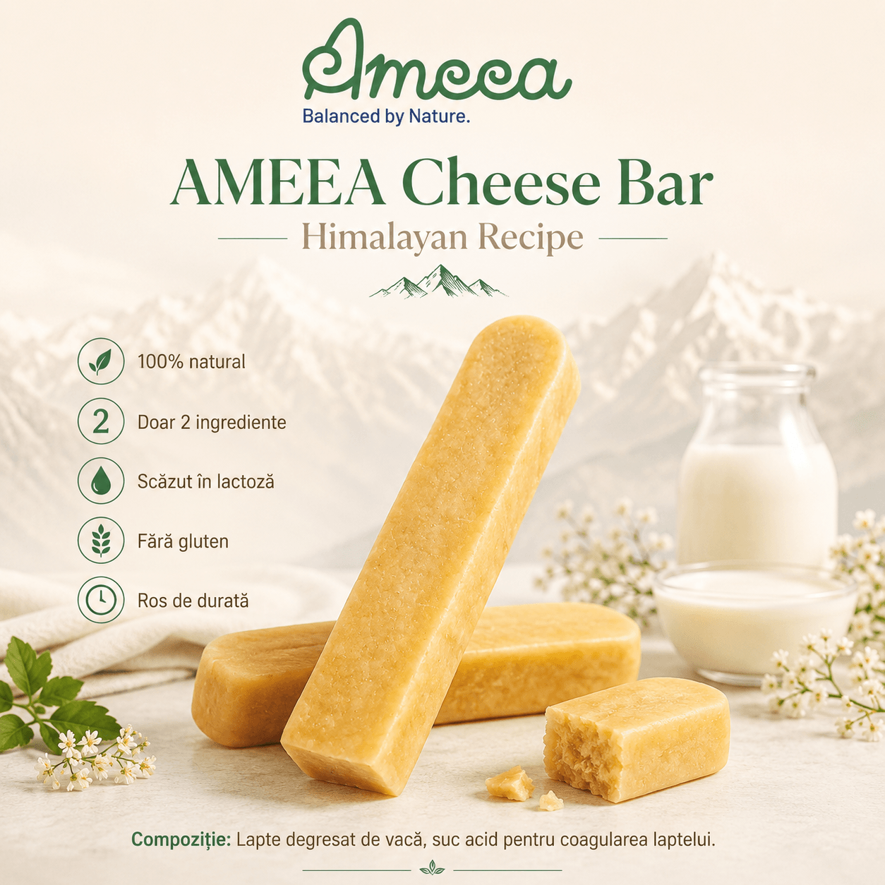 AMEEA Cheese Bar Himalayan Receipe Large, L, Brânză, recompense fără cereale câini, 100g