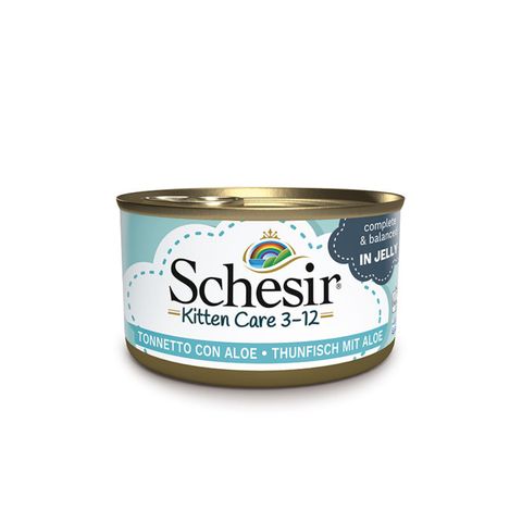 SCHESIR Baby Kitten, Ton și Aloe Vera, conservă hrană umedă pisici junior, (în aspic), 85g