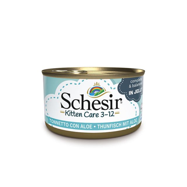 SCHESIR Baby Kitten, Ton și Aloe Vera, conservă hrană umedă pisici junior, (în aspic), 85g