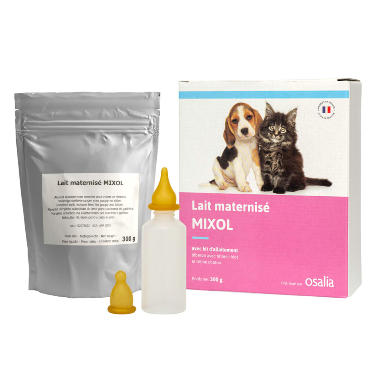 MIXOL lapte maternal cu Kit biberon și tetină, cutie înlocuitor lapte matern câini și pisici, 300g