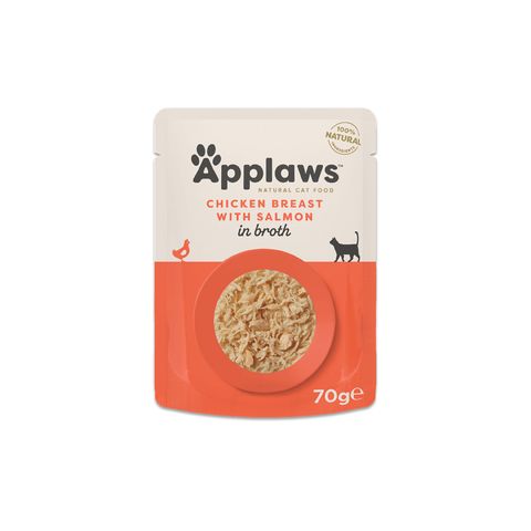 APPLAWS Piept, Pui și Somon, plic hrană umedă pisici, (în supă), 70g