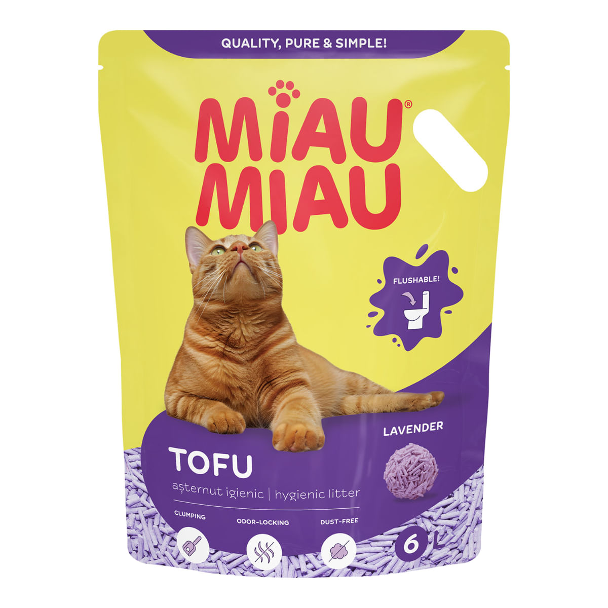 MIAU MIAU, Lavanda, așternut igienic pisici, peleți, tofu, aglomerant, ecologic, biodegradabil, 6l