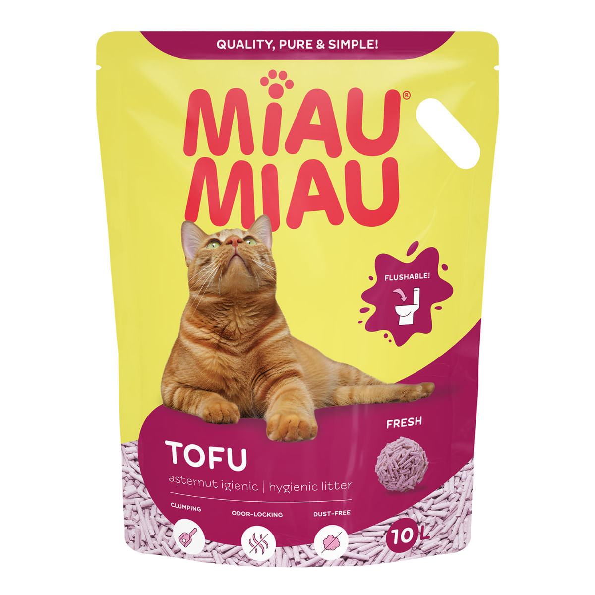MIAU MIAU, Fresh, așternut igienic pisici, peleți, tofu, aglomerant, ecologic, biodegradabil, 10l
