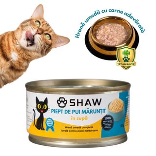 SHAW Piept, Pui, conservă hrană umedă fără cereale pisici, apetit capricios, (în supă), 80g