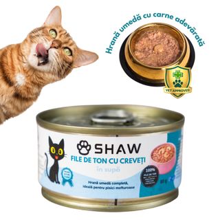 SHAW File, Ton și Creveți, conservă hrană umedă fără cereale pisici, apetit capricios, (în supă), 80g
