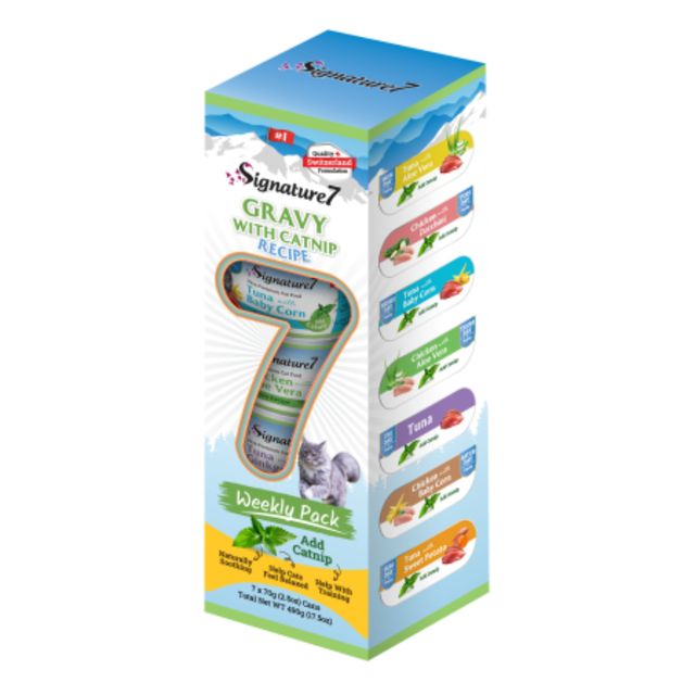 SIGNATURE7 Weekly Pack Gravy with Catnip Receipe, Ton și Pui, conservă hrană umedă fără cereale pisici, (în sos), multipack, 70g x 7buc