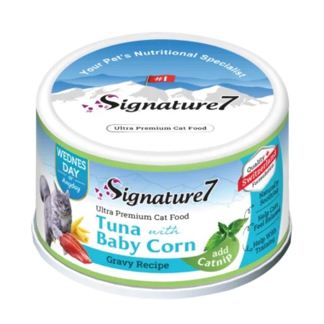 SIGNATURE7, Ton și Baby Corn, conservă hrană umedă fără cereale pisici, (în sos), 70g