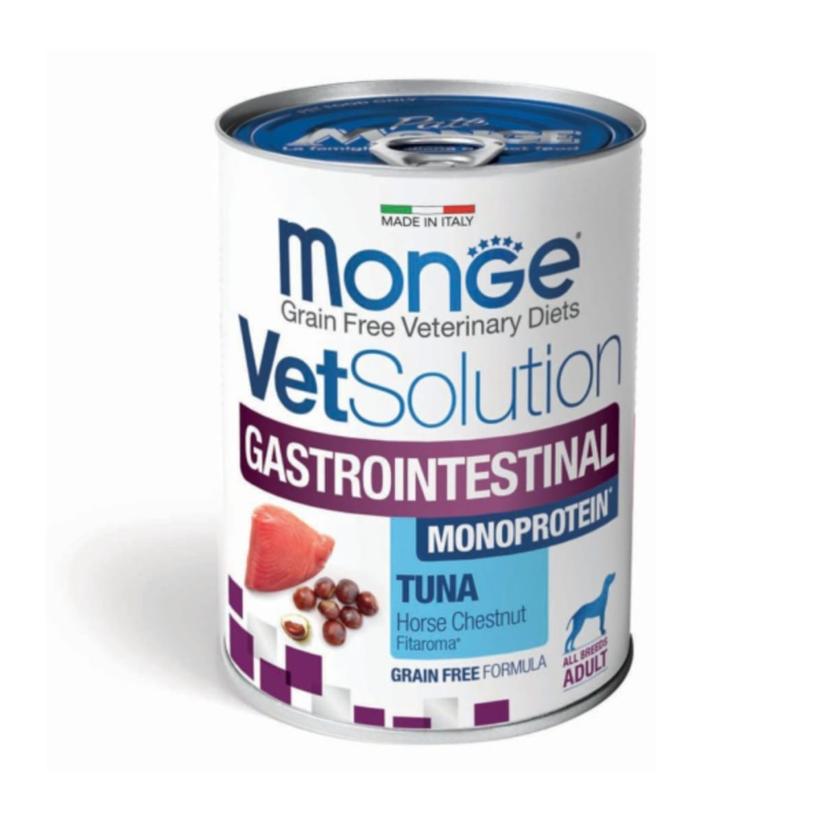 MONGE VETSOLUTION Gastrointestinal Low Fat, XS-XL, Ton, dietă veterinară, conservă hrană umedă fără cereale câini, sistem digestiv, (pate), 400g