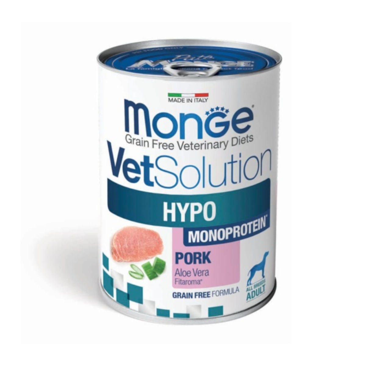 MONGE VETSOLUTION Hypo Monoprotein, XS-XL, Porc, dietă veterinară, conservă hrană umedă monoproteică fără cereale câini, alergii, (pate), 400g
