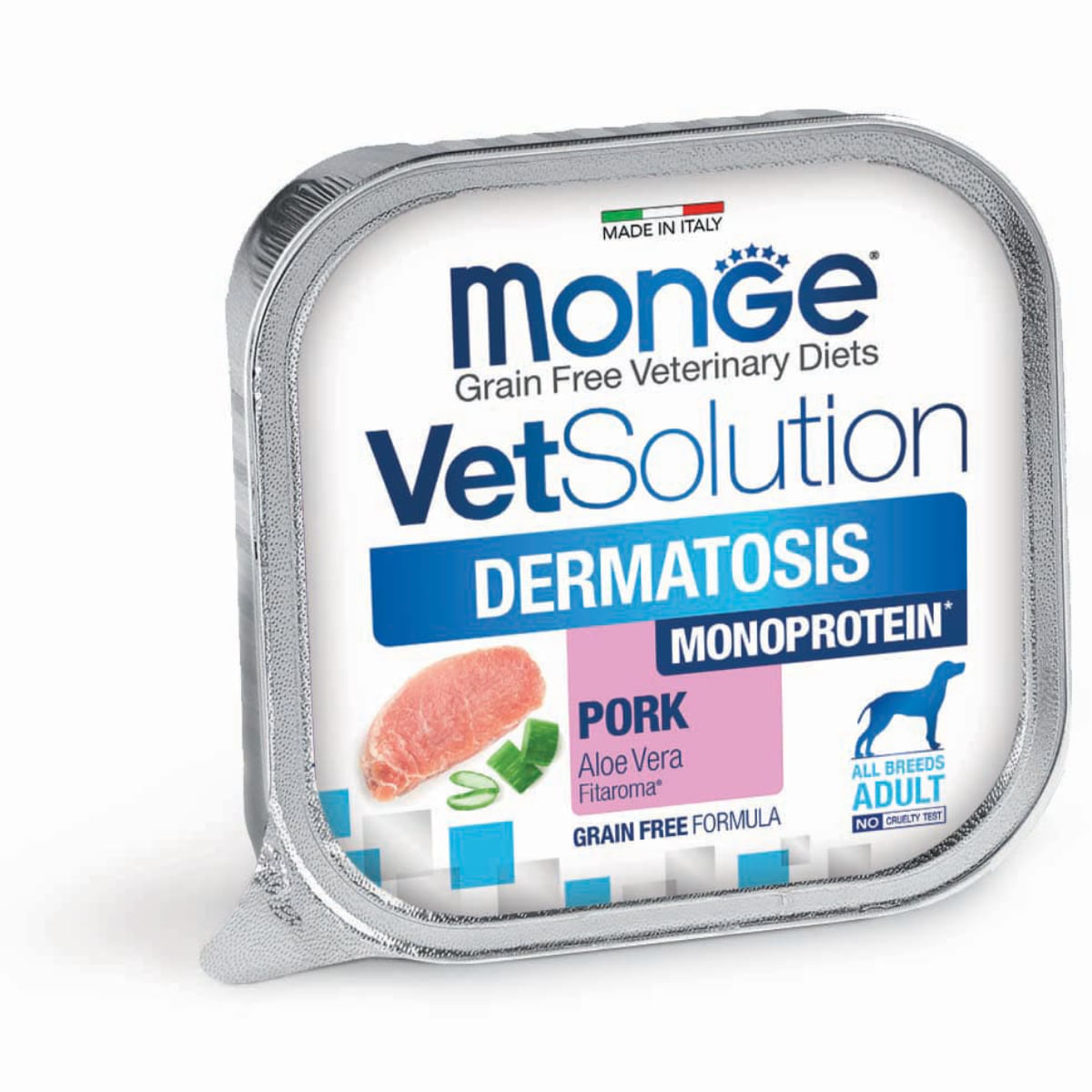 MONGE VETSOLUTION Dermatosis, XS-XL, Porc, dietă veterinară, tăviță hrană umedă fără cereale câini, piele & blană, (pate), 150g