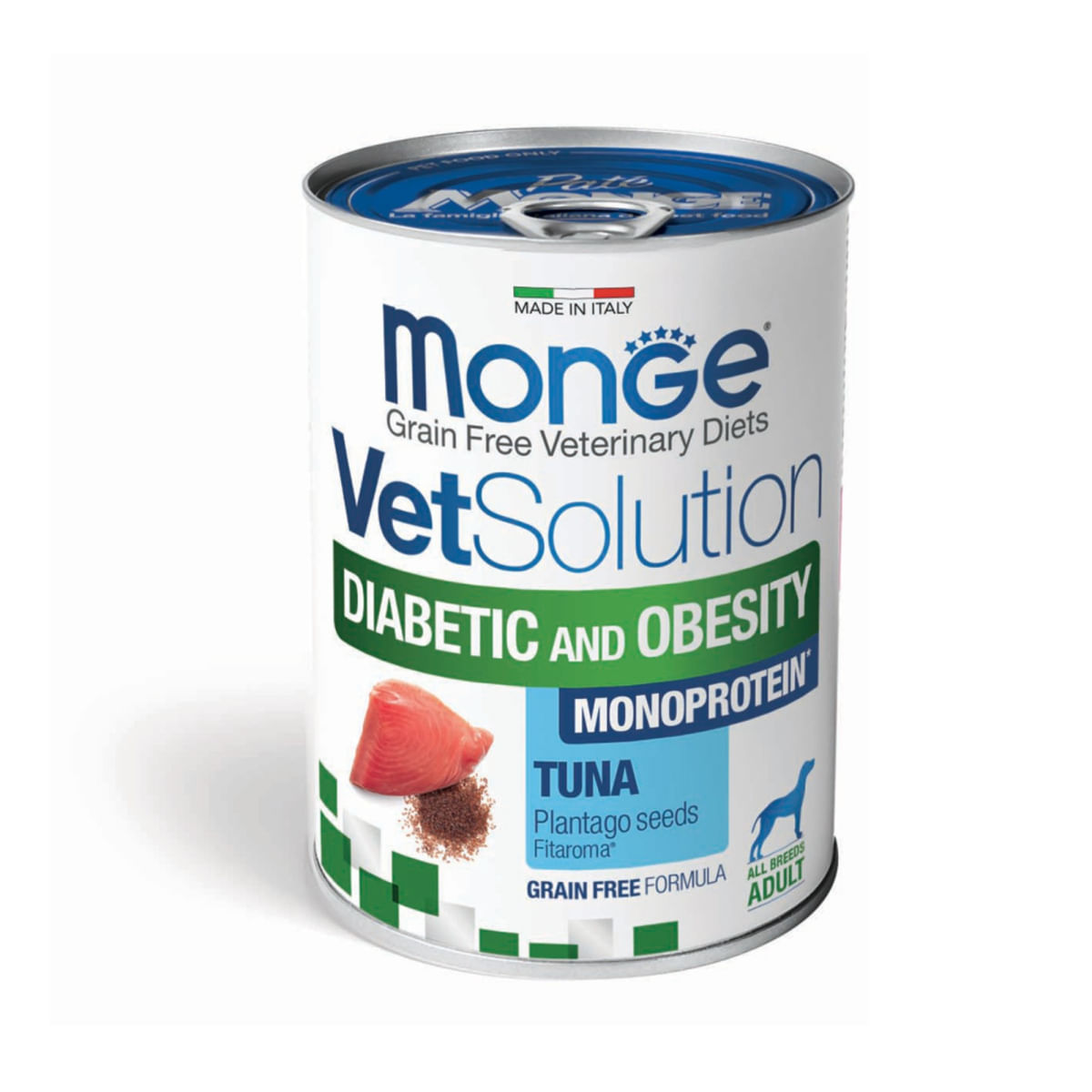 MONGE VETSOLUTION Diabetic & Obesity, XS-XL, Ton, dietă veterinară, conservă hrană umedă fără cereale câini, obezitate & diabet, (pate), 400g