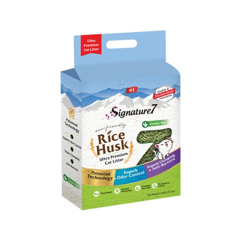 SIGNATURE7 Green Tea Rice Husk, Ceai Verde, așternut igienic pisici, granule, coji de orez, aglomerant, ecologic, fără praf, biodegradabil, 7l