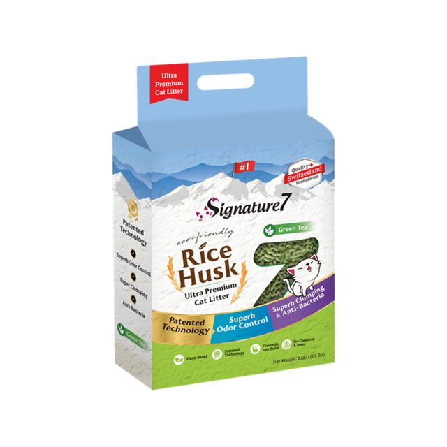 SIGNATURE7 Green Tea Rice Husk, Ceai Verde, așternut igienic pisici, granule, coji de orez, aglomerant, ecologic, fără praf, biodegradabil, 7l