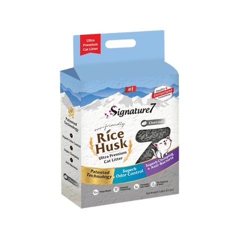 SIGNATURE7 Activ Carbon Tea Rice Husk, așternut igienic pisici, granule, coji de orez, aglomerant, ecologic, fără praf, biodegradabil, 7l