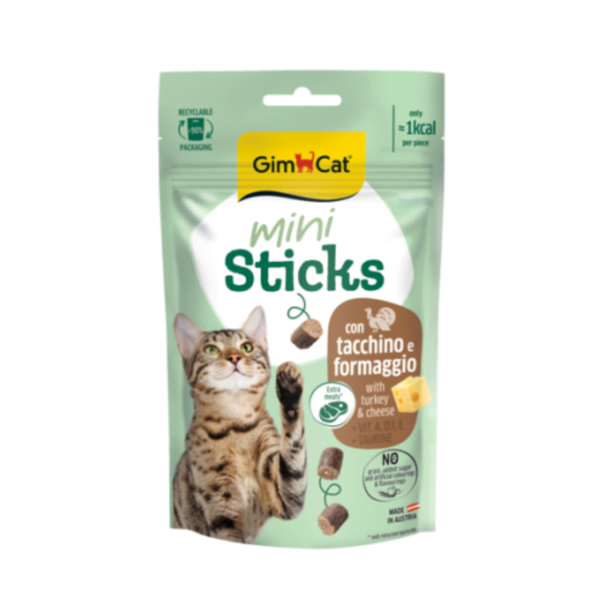 GIMCAT Mini Sticks, Curcan și Brânză, punguță recompense pisici, 50g