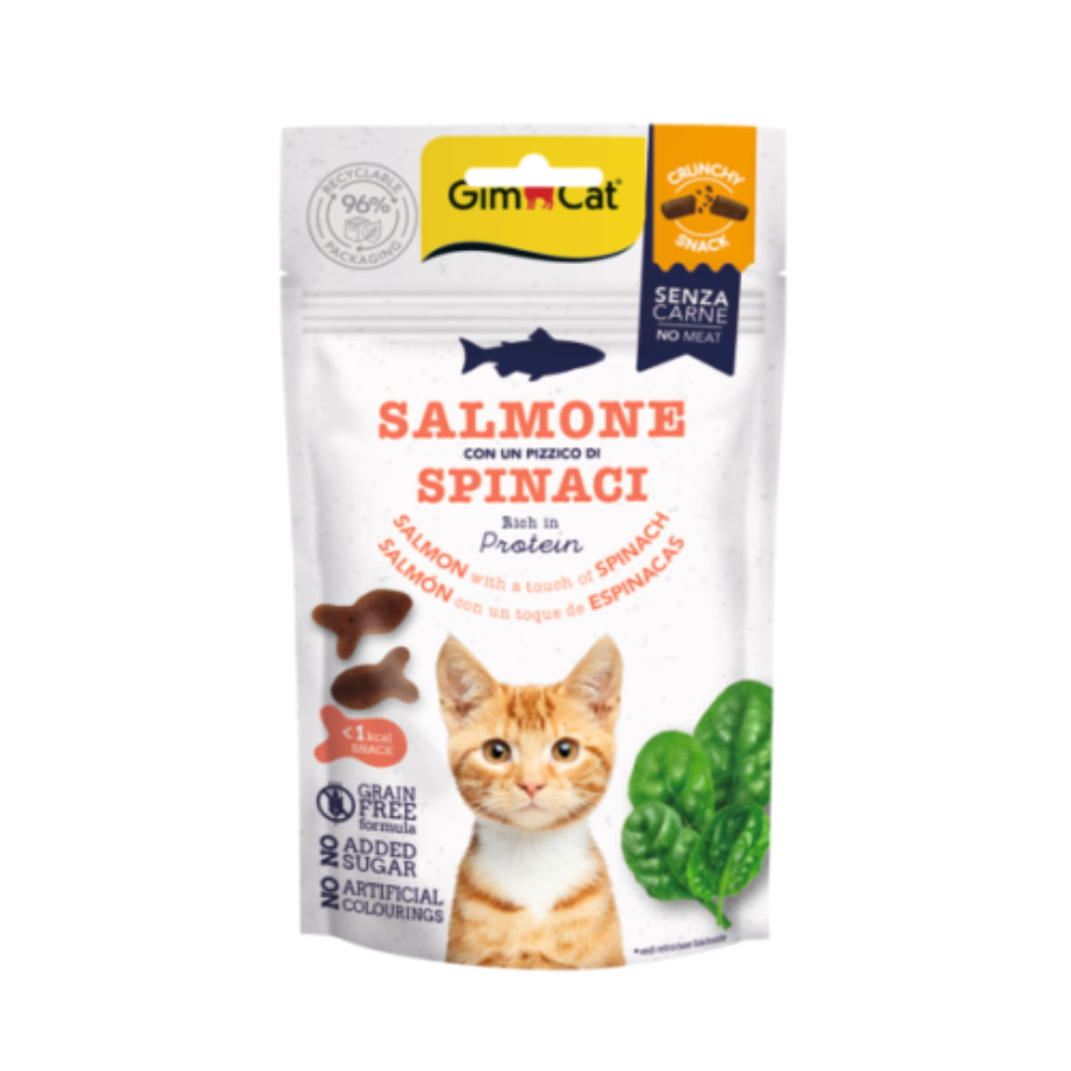 GIMCAT Crunchy, Somon și Spanac, punguță recompense fără cereale pisici, 50g
