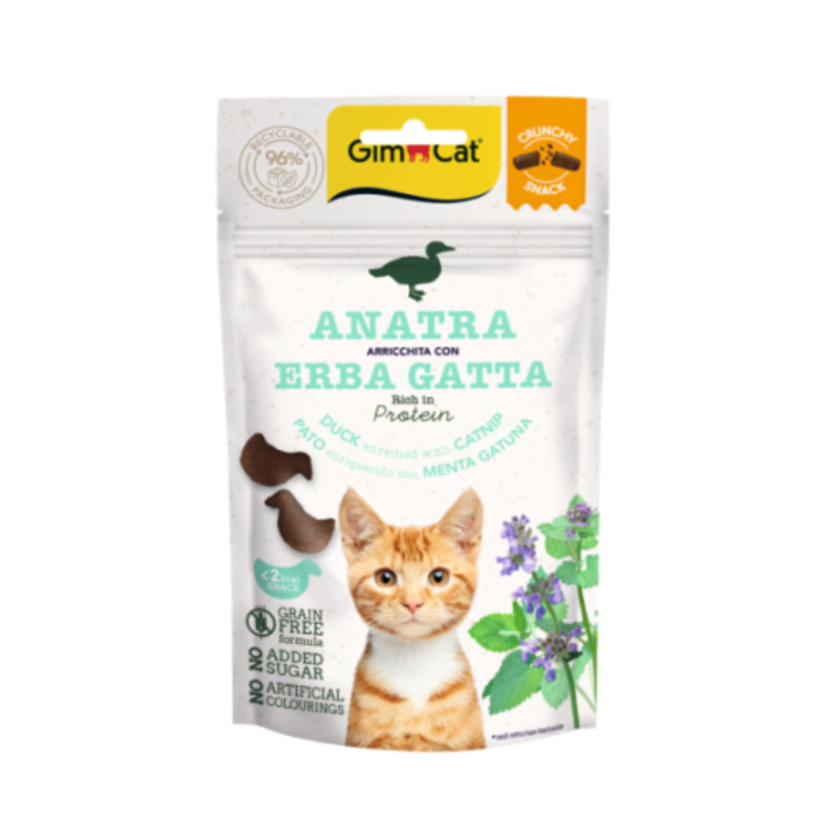 GIMCAT Crunchy, Rață și Catnip, punguță recompense fără cereale pisici, 50g