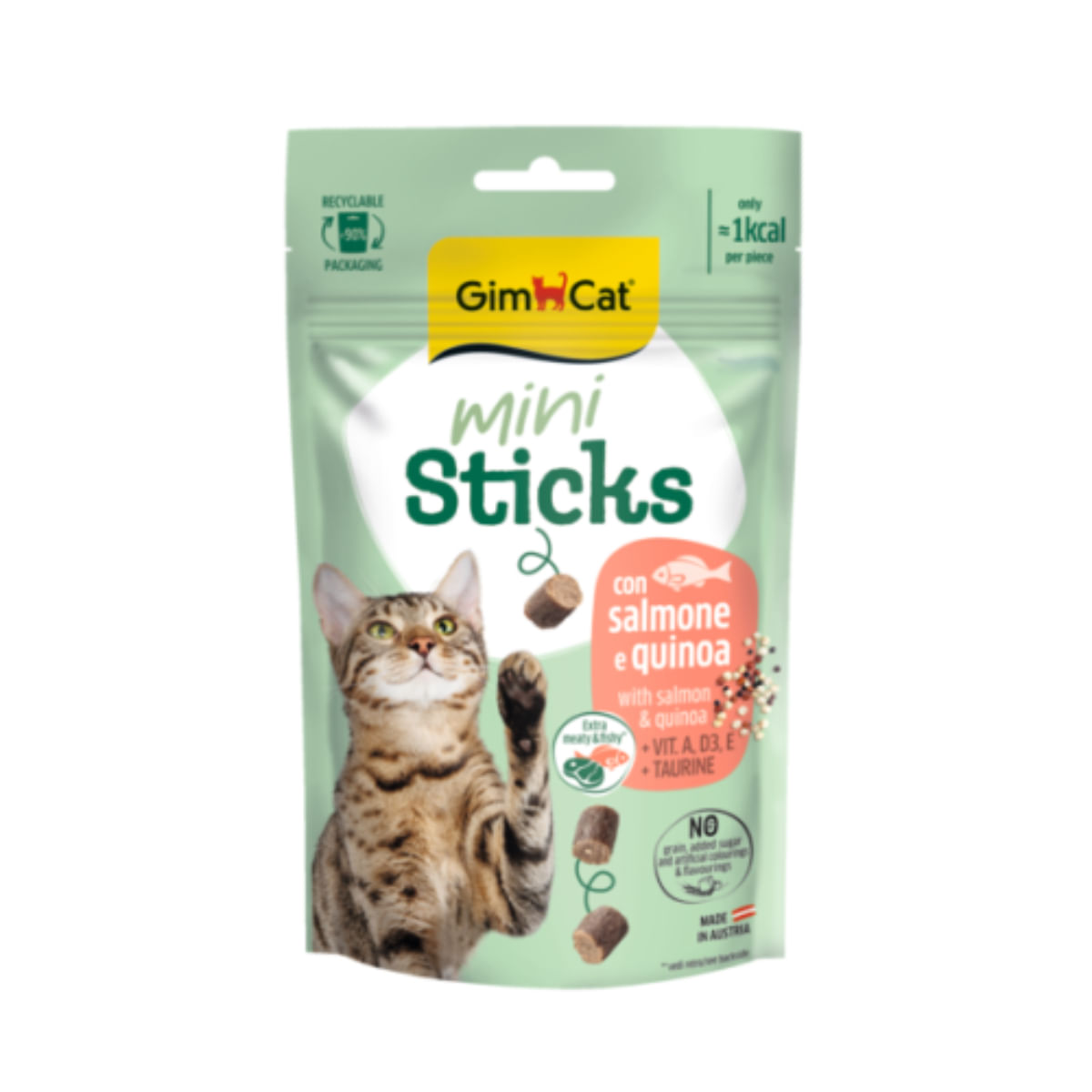 GIMCAT Mini Sticks, Somon și Quinoa, punguță recompense fără cereale pisici, 50g