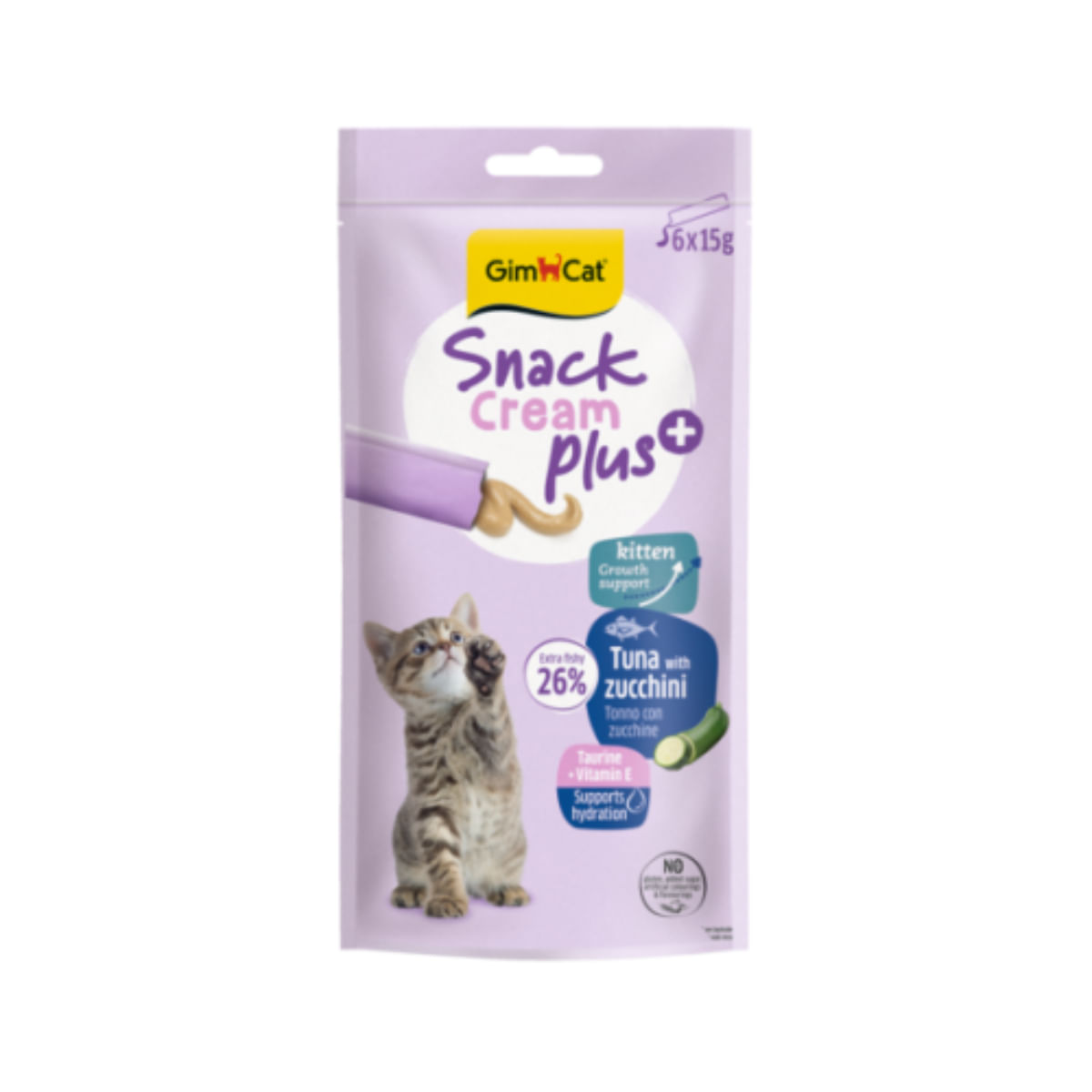 GIMCAT Snack Cream Plus Kitten, Ton și Zucchini, punguță recompense pisici junior, 90g
