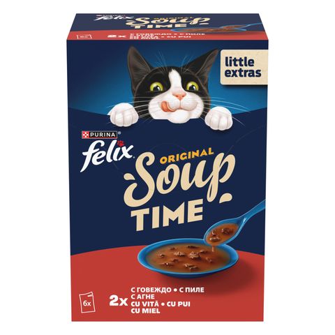 FELIX Soup Farm Selection cu Vită, Pui și Miel, plic hrană umedă pisici, (în supă), multipack, 48g x 6buc