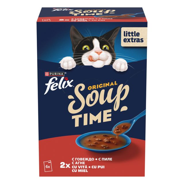 FELIX Soup Farm Selection cu Vită, Pui și Miel, plic hrană umedă pisici, (în supă), multipack, 48g x 6buc