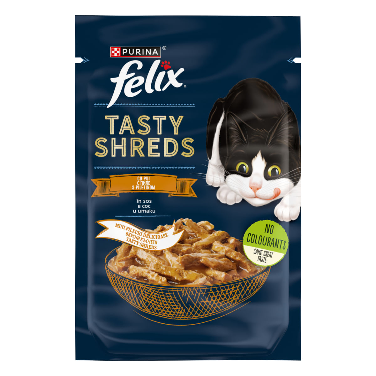 FELIX Tasty-Shreds, Pui, plic hrană umedă pisici, (în sos), 80g